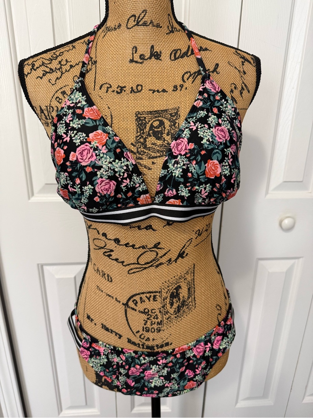 Xhilaration Black & Pink Floral String Bikini